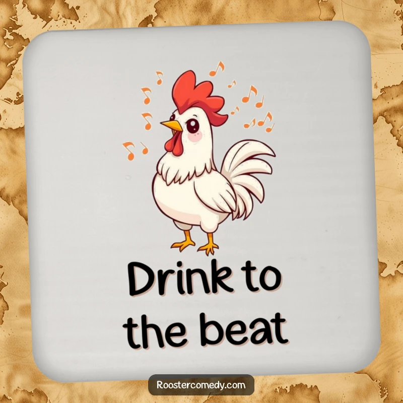 Funny rooster drink coaster with a singing bird and musical notes. Protects surfaces with cheerful musical humor.