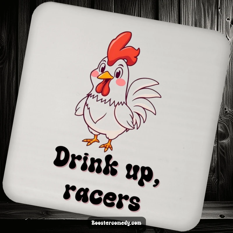 Funny Rooster coaster featuring a rooster racing with a wide, goofy grin, adding playful vibes and surface protection with humor.