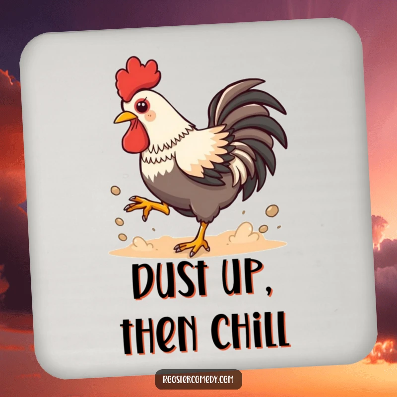 Funny Kawaii Rooster Dust Coaster: Playful chicken kicking up dust, protecting surfaces with humor and energy, ideal for drinks.