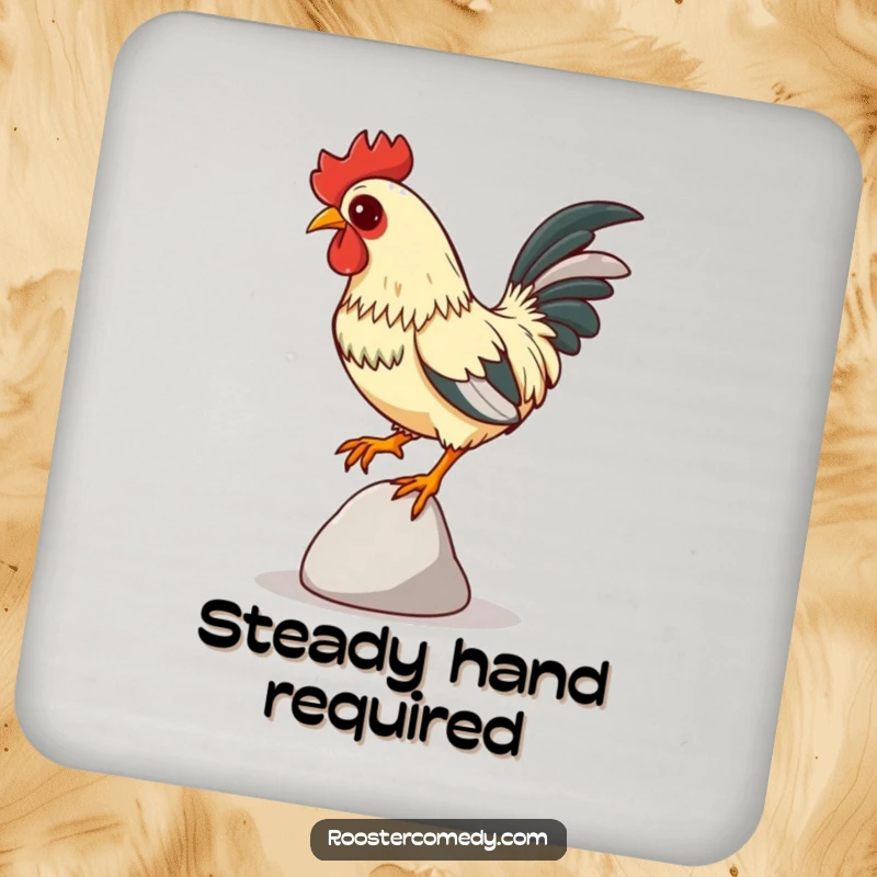 Funny Focused Rooster Coaster, drink coaster with a rooster balancing on a pebble, intense focus, humorous and funny home accessory.