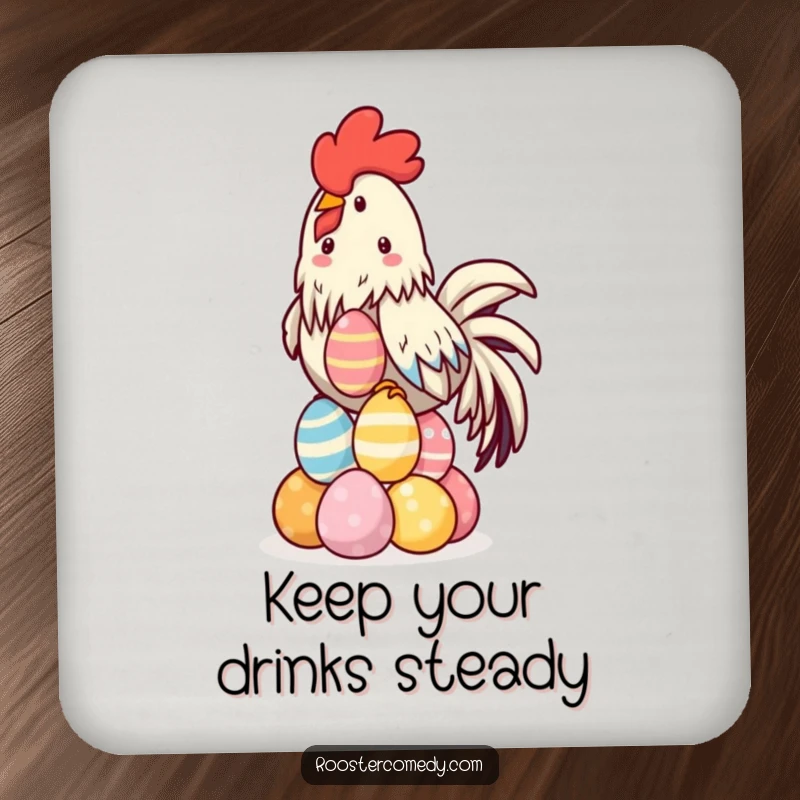 Funny Kawaii Rooster Drink Coaster featuring a detailed illustration of a rooster balancing a stack of colorful eggs on its beak.