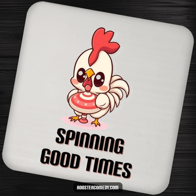 Funny Kawaii Rooster Drink Coaster: A cute rooster with wide eyes fixated on a spinning top, protecting your table. A delightful funny gift.