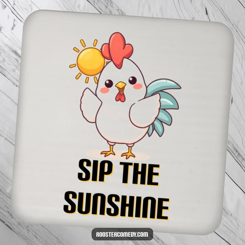 Funny Kawaii Rooster Sun Coaster: Cheerful chicken holding a bright sun in its beak, protecting surfaces with warmth and humor, ideal for drinks.