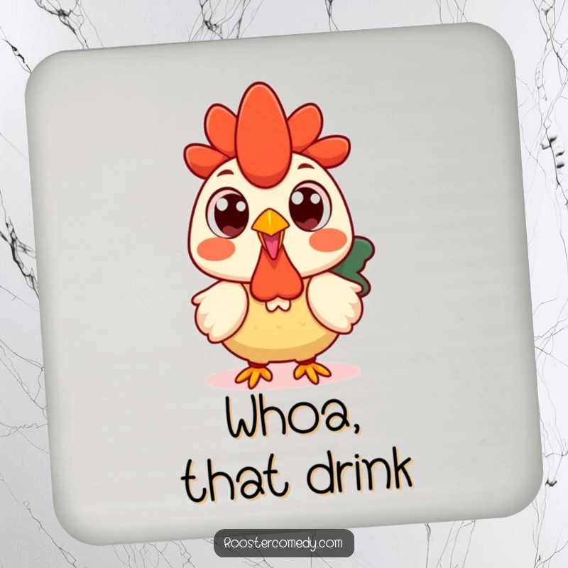 Funny Kawaii rooster drink coaster featuring a surprised rooster with wide, round eyes.
