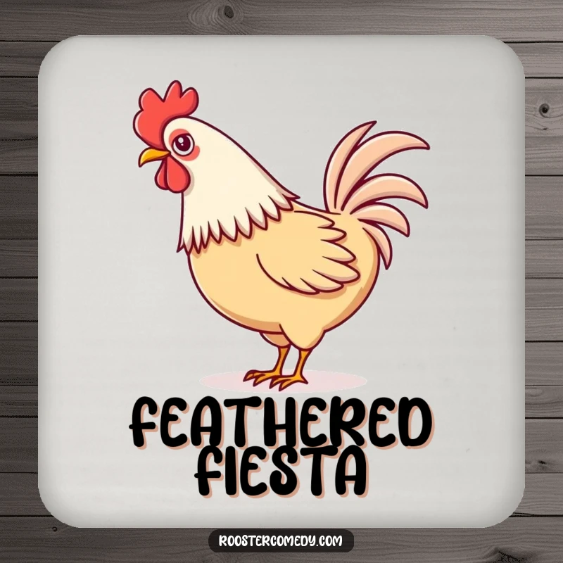 Funny Kawaii rooster drink coaster featuring a cute rooster playfully wagging its tail feathers.