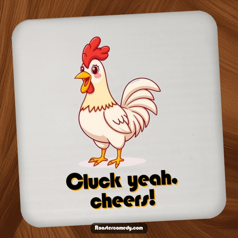 Funny proud rooster coaster, protects surfaces, standing tall and crowing, cheerful farm decor, perfect funny gift.