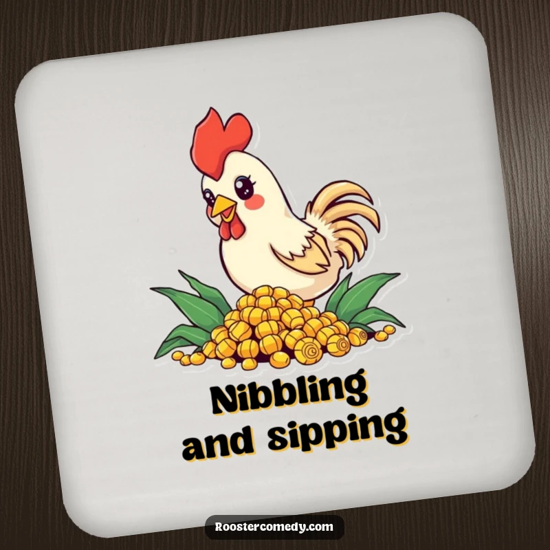 Funny Drink Coaster featuring a small rooster with sparkling eyes, enthusiastically pecking at corn, adding humorous farm protection.