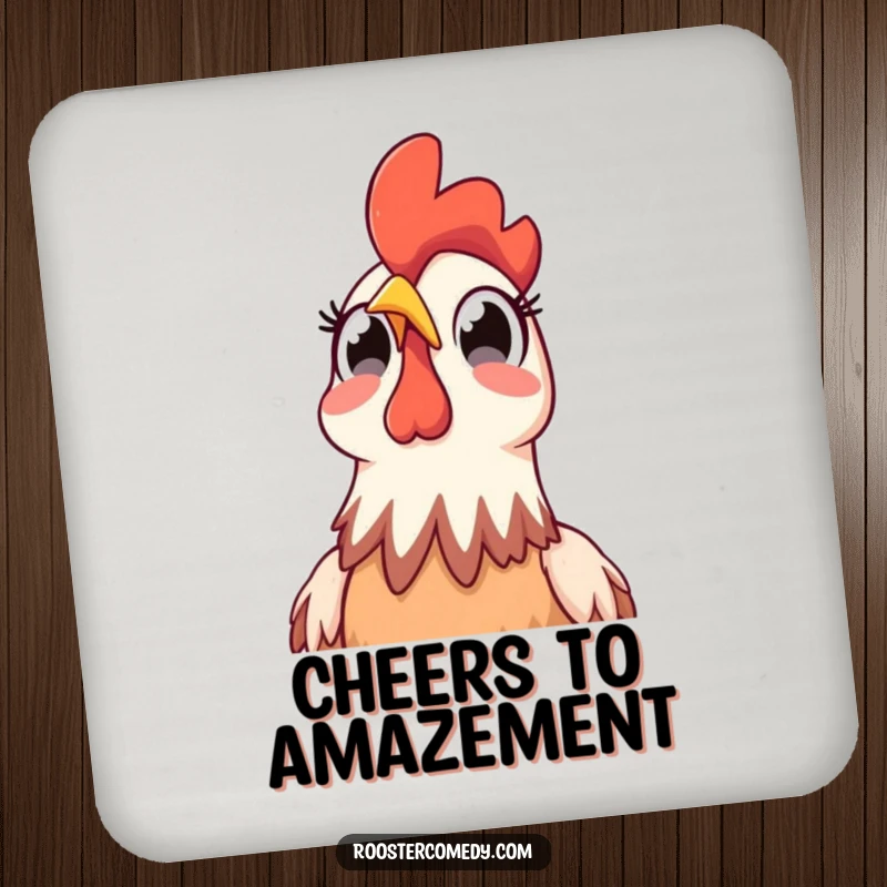 Funny Rooster Sky Surprise Coaster: Protects surfaces with a humorous depiction of a rooster with wide, surprised eyes looking skyward.