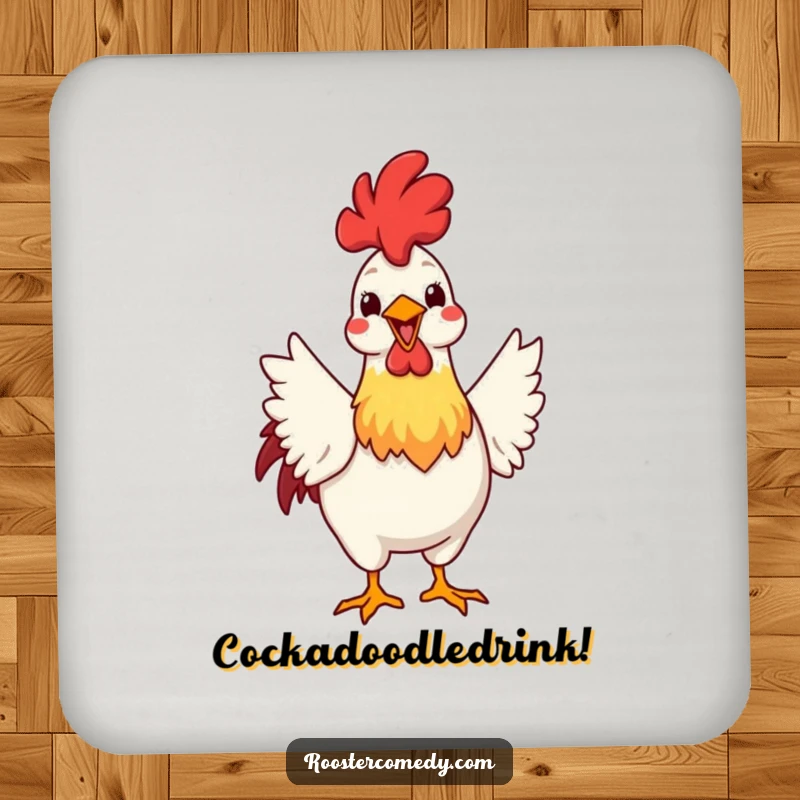 Funny drink coaster with a rooster enthusiastically fanning its tail feathers with a big grin, protecting surfaces with proud charm.