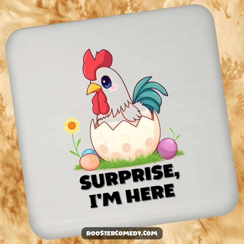 Funny surprise rooster Easter coaster set, wide eyes, popping out of egg, drink accessory, festive decor.