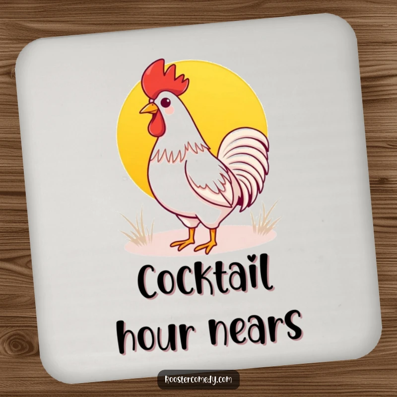 Funny Kawaii rooster drink coasters showing a cute rooster crowing at a sunrise, adding a touch of whimsical morning charm.