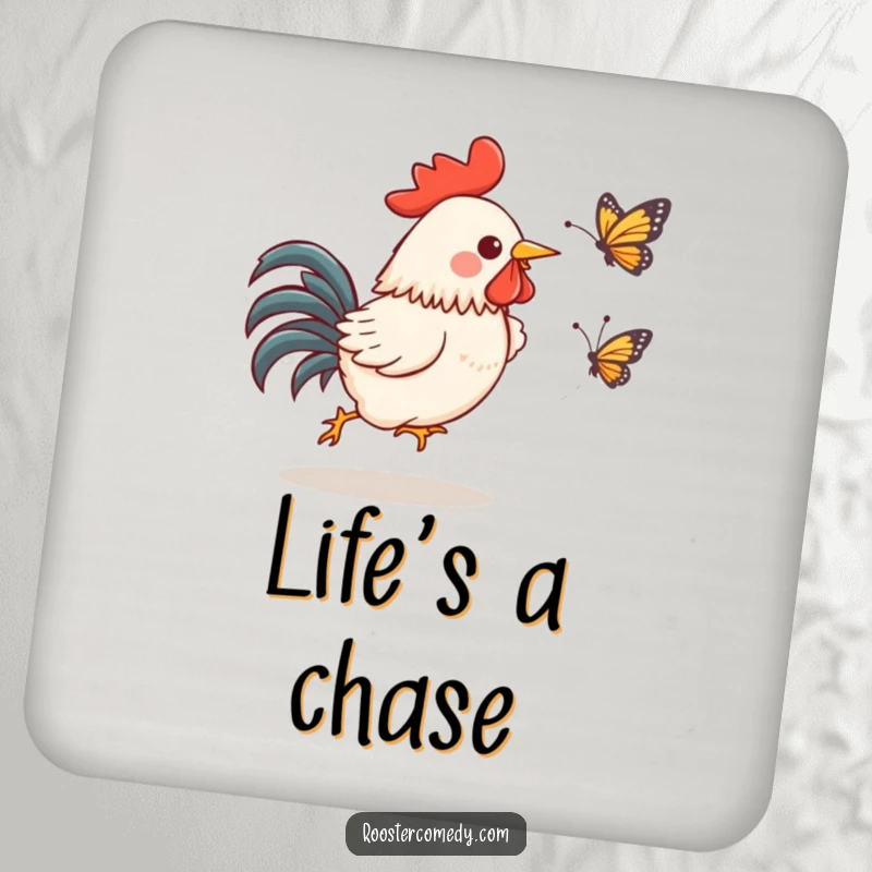 Funny Kawaii Rooster Coaster: A gleeful rooster chases a butterfly, protecting surfaces funny gift.