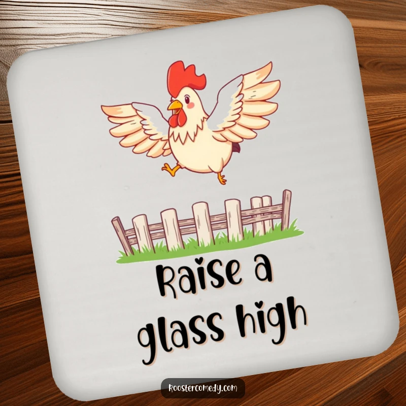 Funny leaping rooster drink coaster showing a bird with spread wings leaping over a fence, perfect for tables.