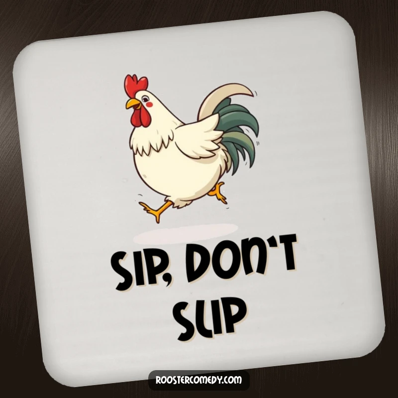 Funny tripping rooster drink coaster showing a bird comically stumbling, perfect for protecting surfaces.