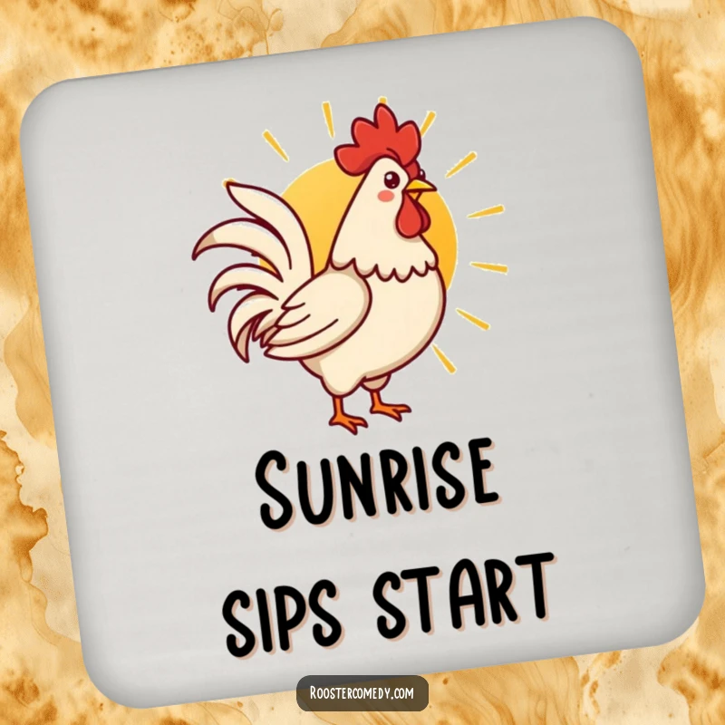 Funny Kawaii rooster crowing at a rising sun, featured on a protective drink coaster.