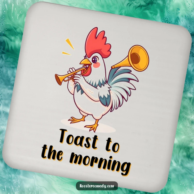 Funny rooster drink coaster designed with a bird playing a tiny trumpet, adding a musical touch to drink service.
