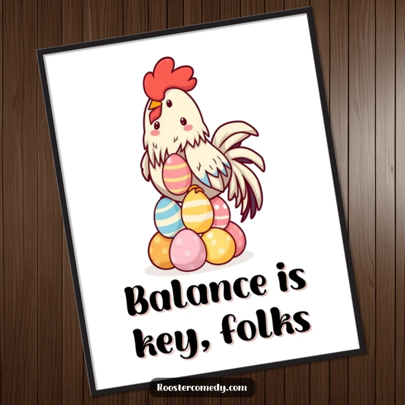 Funny Kawaii Rooster Poster showcasing a charming rooster artfully balancing a colorful pyramid of eggs on its head.