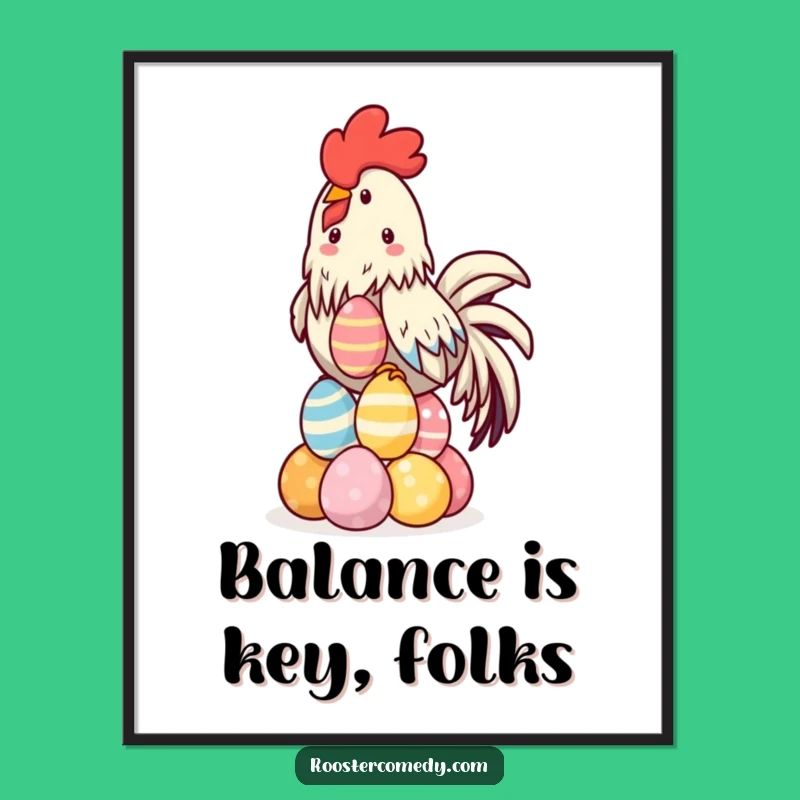 Funny Kawaii Rooster Poster - Vibrant Egg Balancing Art for Your Wall