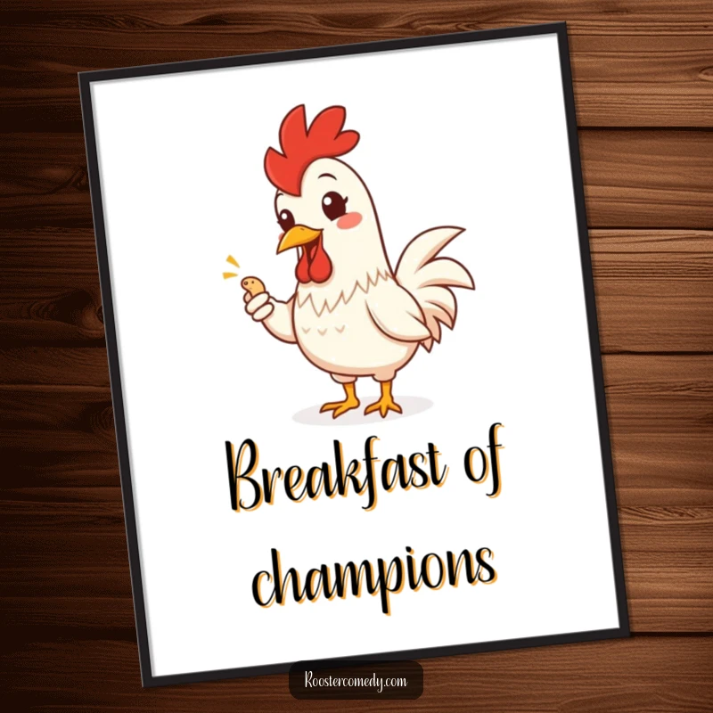 Funny Rooster Poster: A cheerful rooster with a big grin offers a tiny worm with a flourish, humorous wall art.