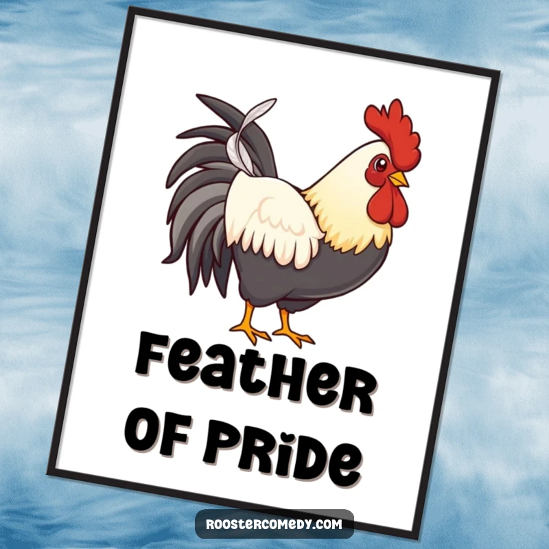 Funny proud rooster poster, a stylish artwork of a confident chicken presenting a single feather with pride.