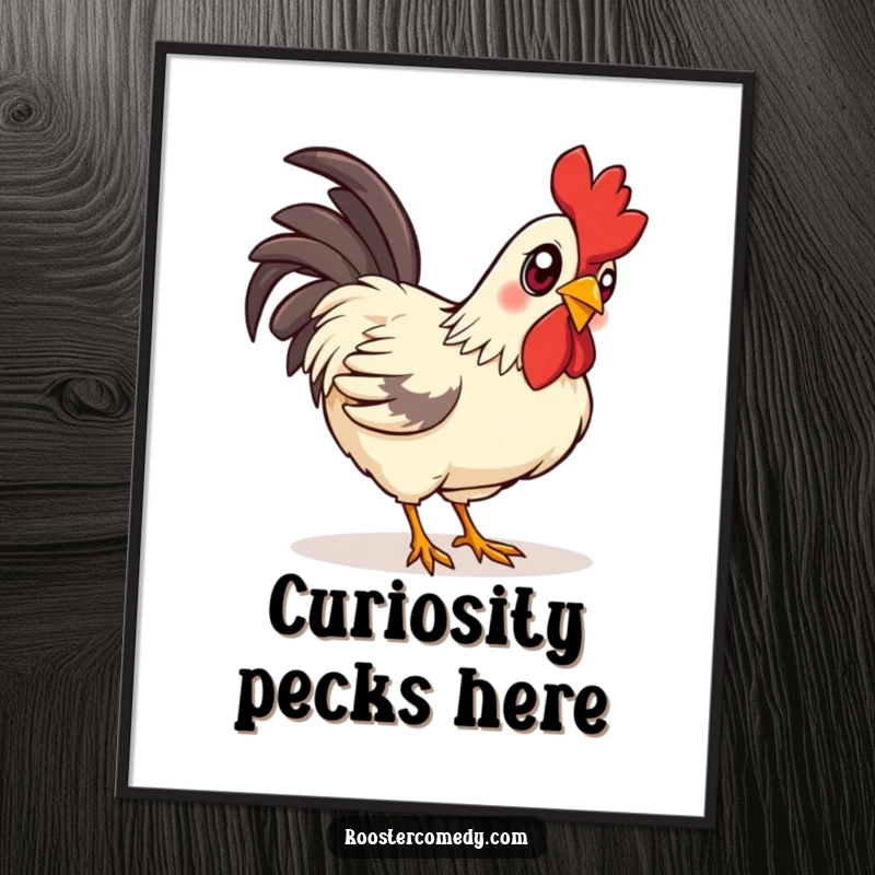 Funny curious rooster poster, a visually engaging artwork of a rooster with bright eyes focused on pecking the ground.