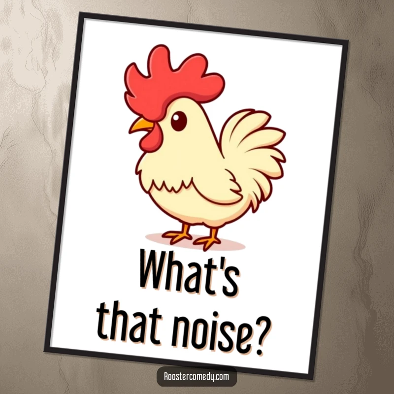 Funny Kawaii Rooster Poster: An illustration of a cute rooster with its head tilted, comb slightly raised in wonder. A great funny gift.