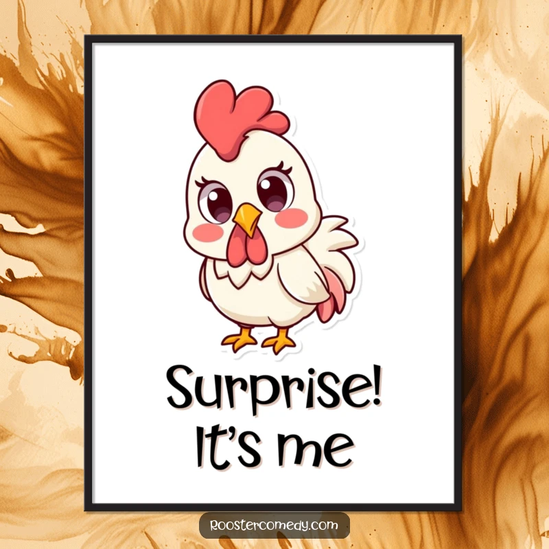 Funny Kawaii rooster with wide, surprised eyes, depicted in a humorous poster.