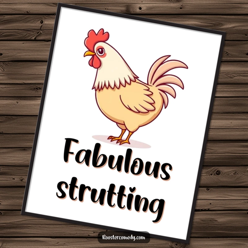 Funny Kawaii rooster poster illustrating a cute rooster playfully wagging its vibrantly colored tail feathers.
