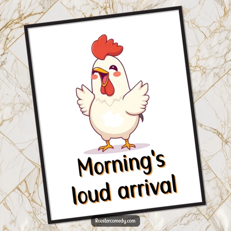 Funny Rooster poster showing a happy bird enthusiastically crowing with its beak wide open, bringing joy and humor to any space.