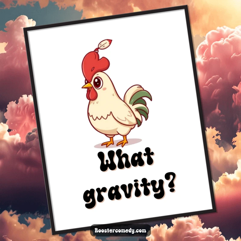 Funny Rooster Poster, illustrating a bird's comical shock at a descending feather, adding humor to wall decor.