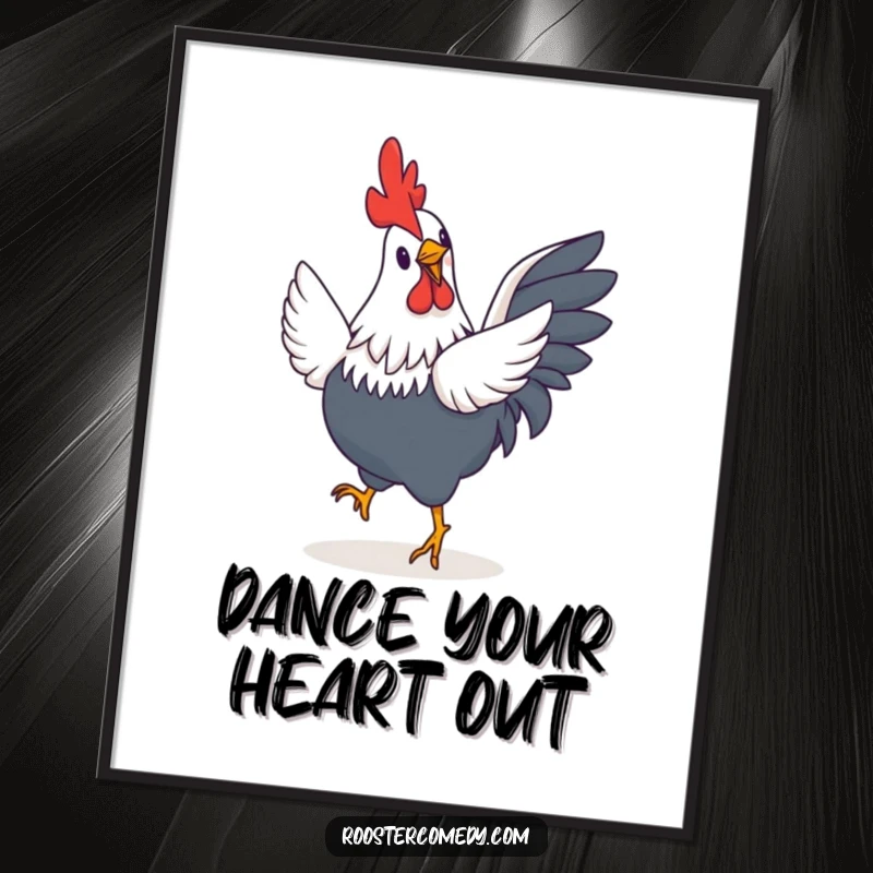Funny Rooster Poster: A dynamic illustration of a rooster with comically tiny wings enthusiastically performing a happy little jig.