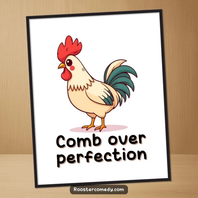 Funny Poster showcasing a charming rooster with a tilted comb, confidently whistling and strutting, bringing a humorous and cheerful atmosphere.