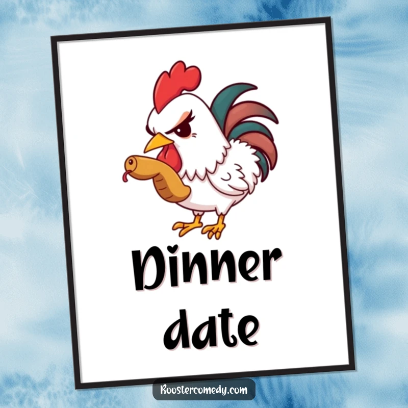 Funny poster art of a rooster winking as it stealthily eats a worm, adding mischievous charm to decor.