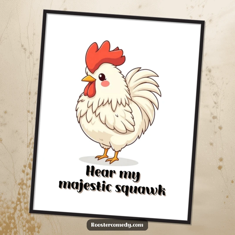 Funny rooster poster, a fluffy bird with a large comb crowing loudly, head back, capturing pure farm exhilaration.