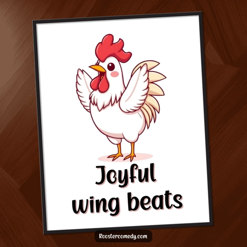 Funny Rooster poster showing an excited bird flapping its wings with gusto, capturing a moment of pure, energetic joy.