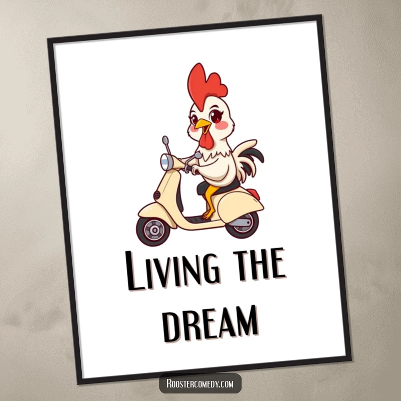 Funny poster art of a rooster with a silly expression riding a scooter with high handlebars, conveying pure joy.