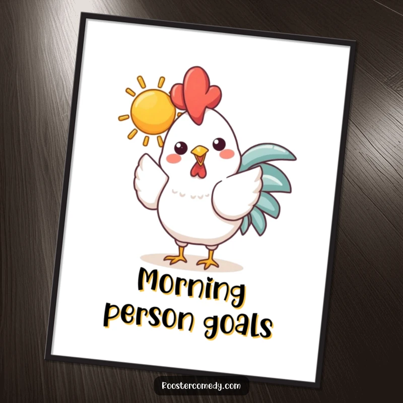 Funny Kawaii Rooster Sun Poster: Cheerful chicken holding a bright sun in its beak, bringing warmth and light, perfect for wall decor.