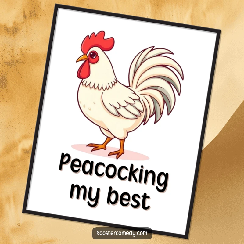 Funny Kawaii rooster poster showing a cute rooster strutting proudly with its tail feathers fanned, bringing confidence and flair to any wall.