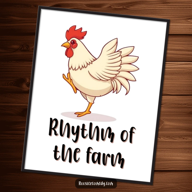 Funny rooster poster, depicting a rooster dancing with high leg kicks and rapid wing flaps, embodying pure, uninhibited celebration.