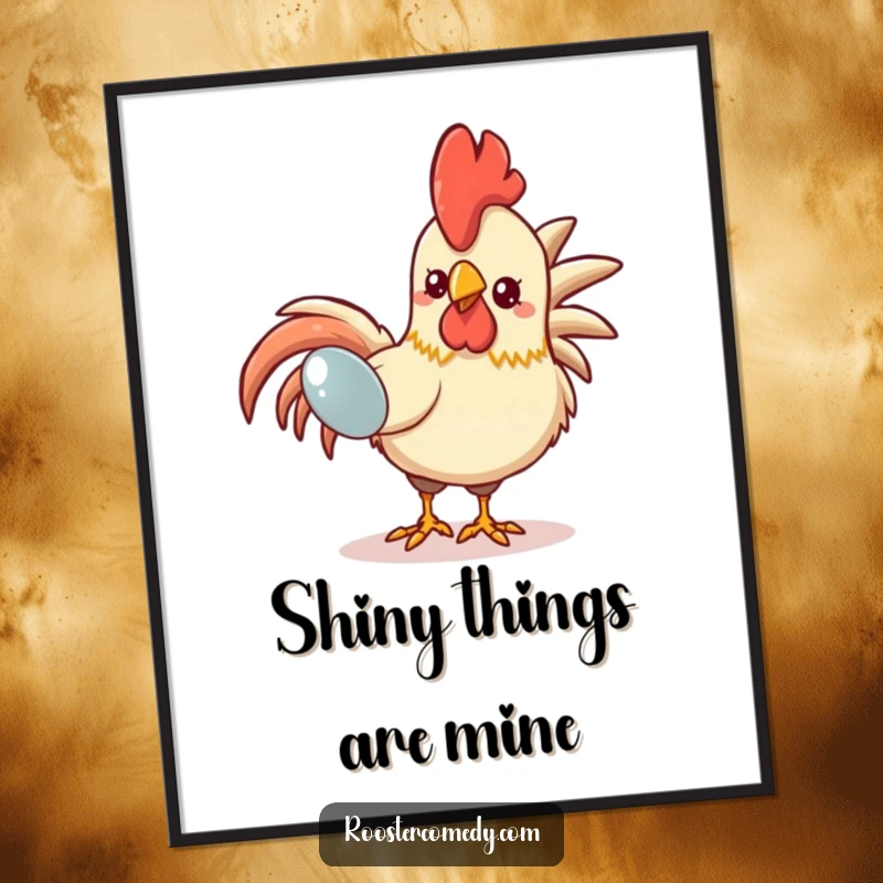 Funny Kawaii Rooster Poster: A vibrant illustration of a kawaii rooster intently pecking at a sparkling object, capturing its funny, curious nature.