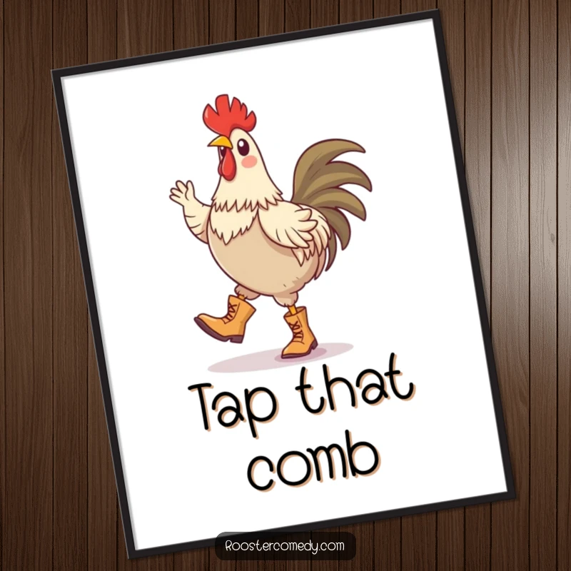 Funny poster depicting a rooster wearing tiny boots and energetically executing a silly jig, full of playful motion.