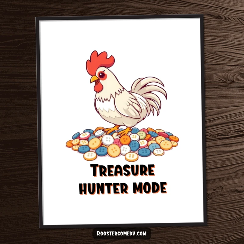 Funny Pecking Rooster Poster, wall art of a rooster pecking buttons, shiny and humorous bird art, great for home decor.