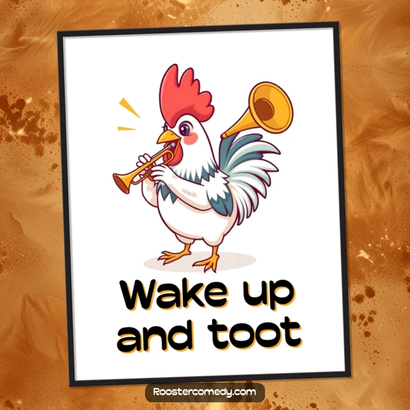 Funny rooster poster depicting a proud bird enthusiastically tooting a miniature trumpet, radiating musical joy.