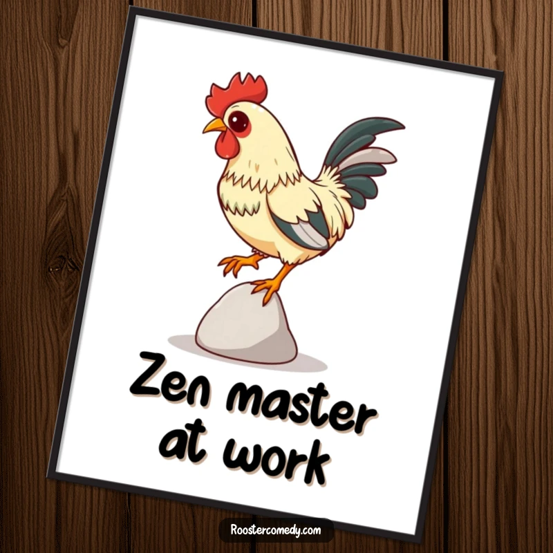 Funny Focused Rooster Poster, wall art of a rooster balancing on a pebble, intense focus, humorous and funny bird art.