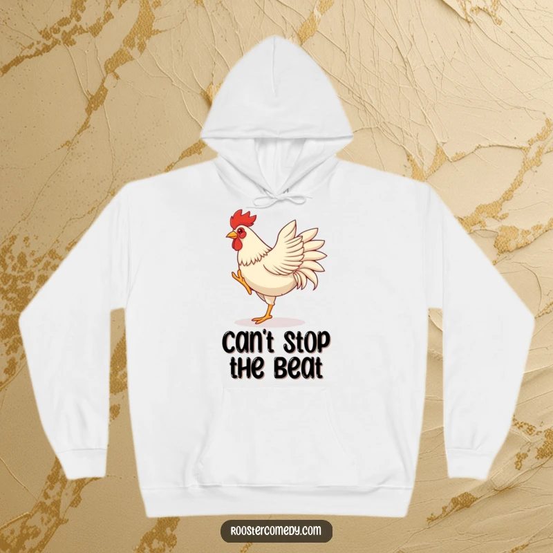 Funny rooster hoodie, showing a rooster in full dance motion with spirited leg kicks and flapping wings, full of playful energy.