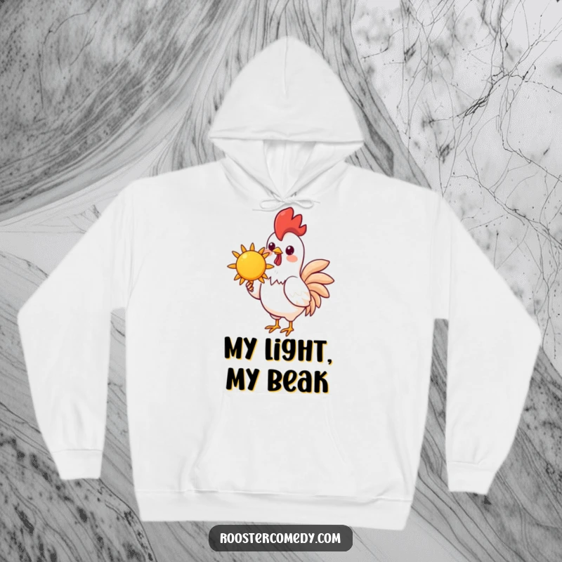 Funny Kawaii Rooster Hoodie: A cute kawaii rooster carries a cheerful sun, offering funny warmth and cozy comfort in this delightful hoodie.