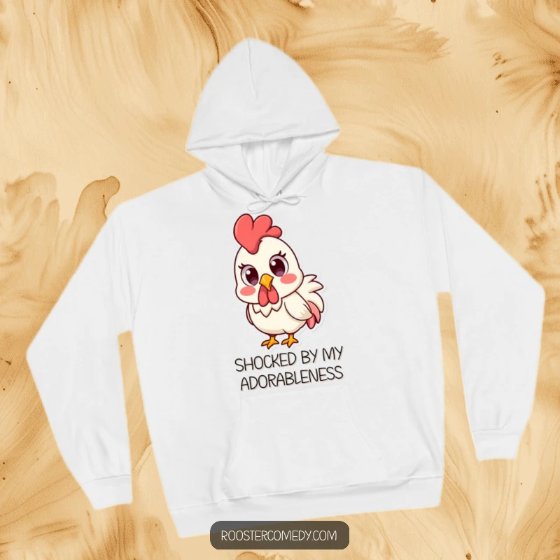 Funny Kawaii rooster with wide, surprised eyes, featured on a cozy hoodie.