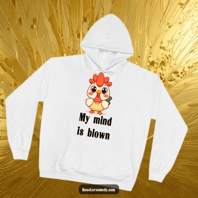 Funny Kawaii rooster hoodie depicting a surprised rooster with very wide, round eyes, full of shock.