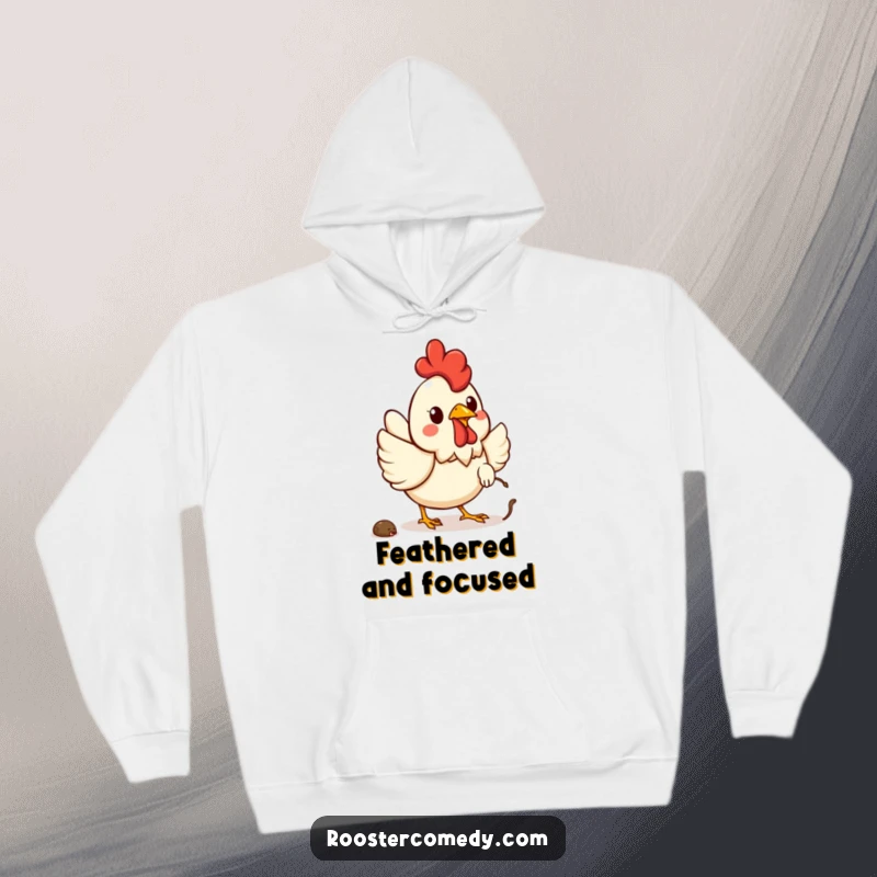 Funny Kawaii rooster hoodie featuring a cheerful rooster enthusiastically chasing a worm, perfect for warmth.