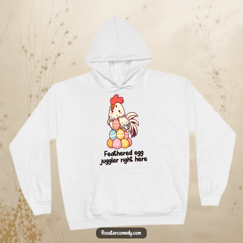 Funny Kawaii Rooster Hoodie depicting a cute rooster expertly balancing a towering stack of colorful eggs with a smile.